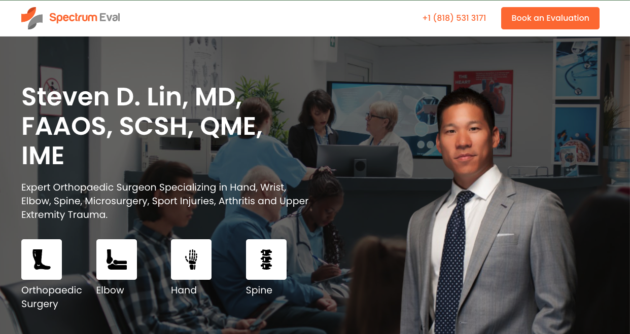 Dr. Steven D. Lin, a Work Compensation Evaluator, standing confidently in a professional setting with icons representing his specialties in orthopaedic surgery, hand, elbow, and spine evaluations.