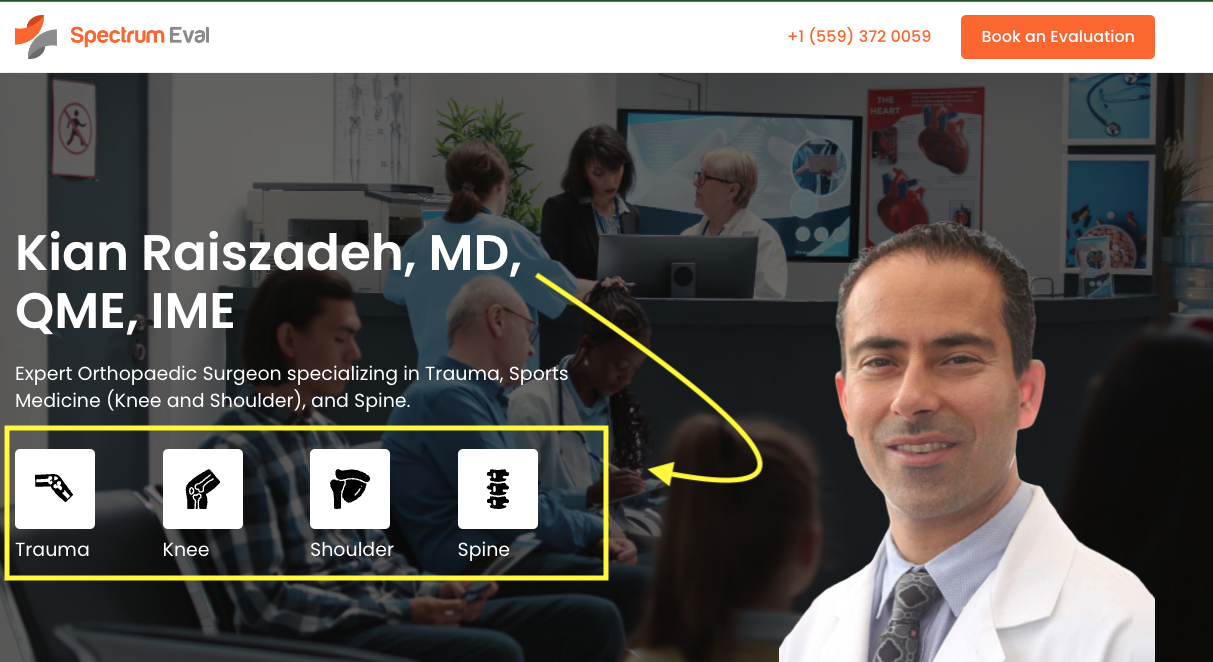 Dr. Kian Raiszadeh, a Work Compensation Evaluator and IME expert, specializing in trauma, knee, shoulder, and spine evaluations, with icons emphasizing his areas of medical-legal expertise.