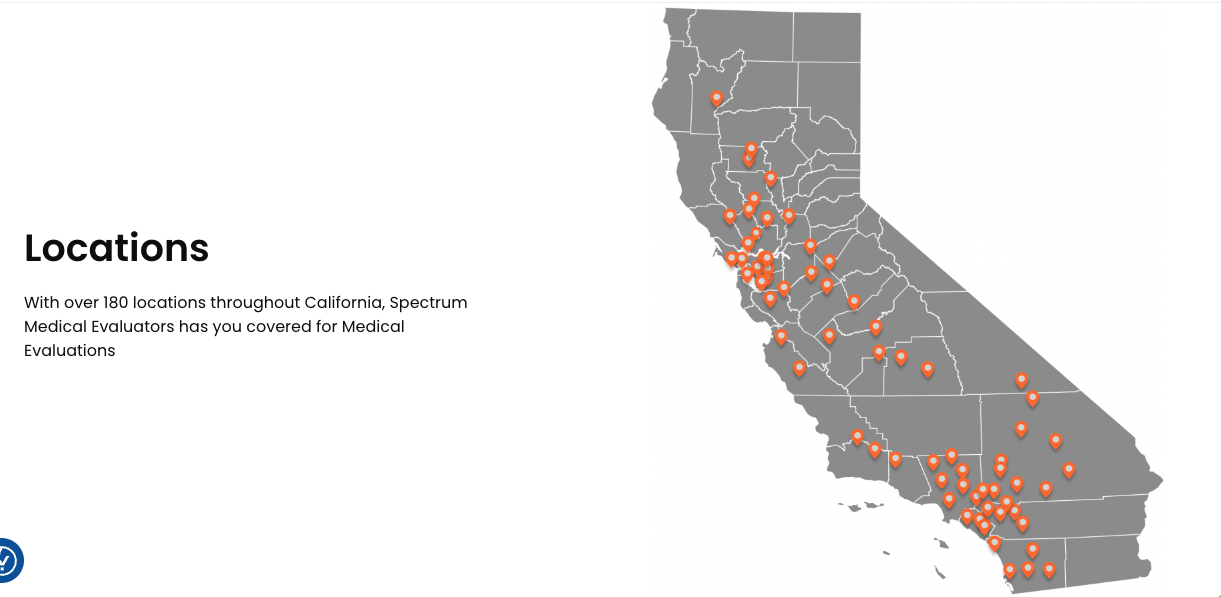 Map of California showing over 180 SpectrumEval locations for Work Compensation Evaluator, highlighting accessible practice areas in both metropolitan and high-demand regions.